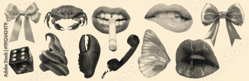 Haftoon Surreal Fantasy Abstract Collage Illustration with Crabs, Mouths, Cigarettes, Dice, Ice Creams, Lobster Claws, Telephones, Butterfly Wings, Lips, and Creative Artistic Symbolic Design