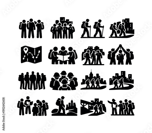 Urban hiking exploration crews. Solid icon set of Urban hiking exploration crews: urban hikers group, city exploration team, hikers with