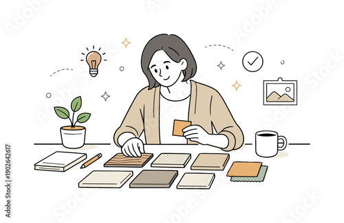 Neutral beige textures. A designer reviewing neutral material samples laid out on a table, suggesting mindful selection and calm creative