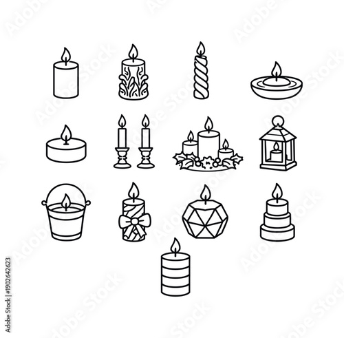 Decorative Candles. Line icon set of Decorative Candles: pillar candle, carved candle, twisted candle, floating candle, tea light,