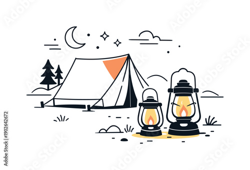 Outdoor lanterns camping. Simple lanterns placed near a tent, glowing gently in the evening. The illustration suggests calm outdoor adventure