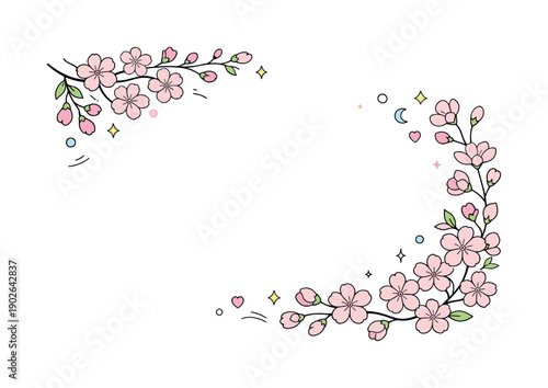Springtime Cherry Blossoms. Cherry blossom branches for seasonal design. Elegant branches frame the composition, suggesting springtime celebration and natural
