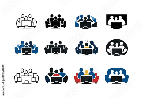 Family Movie Logos. Family movie night. Icon set. Set Logo of family movie night: family sitting on couch watching TV. harmonious logo variations of the same