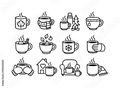 Autumn and Winter Beverages. Line icon set of Autumn and Winter Beverages: seasonal mug, scarf and cup, hot drink outdoors, cold weather tea,