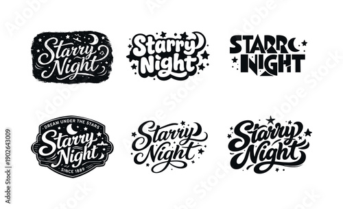 Starry Night. Set lettering. harmonious lettering variations of the same emblematic concept, each with different artistic interpretation