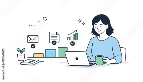 Working through loss impact. An employee gradually re-engaging with work, shown by small steady progress indicators and a calm posture. The