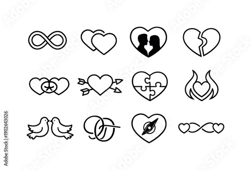 Mutual Love Symbols. Line icon set of Mutual Love Symbols: infinity heart, double heart icon, couple silhouette in heart, split heart