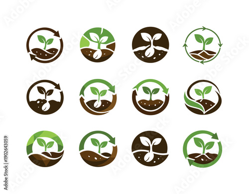 Soil fertility. Icon set. Set Logo of soil fertility: seed germination cycle. harmonious logo variations of the same emblematic concept, each
