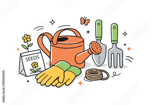 Spring Gardening Essentials. Spring gardening tools set. A small collection of tools and gloves forms a balanced still-life composition, suggesting preparation