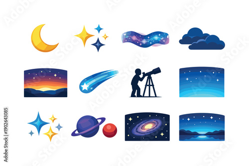 Night sky. Colorful flat vector icons set of night sky: crescent moon, twinkling stars, milky way band, dark clouds, horizon glow, comet