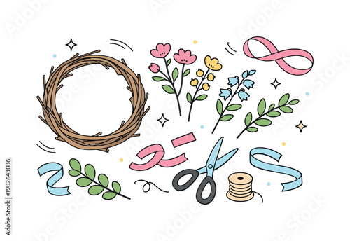Wreath making materials. Twigs, floral stems and ribbon pieces scattered in a soft pattern, suggesting a spring DIY activity. Clean and