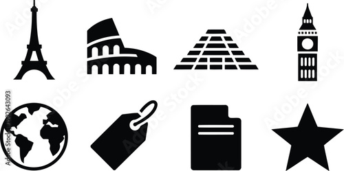 Eight distinct black icons showcasing world famous landmarks, a globe, price tag, document, and star