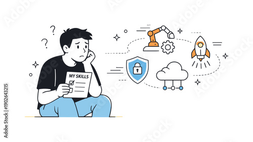 Fear of falling behind skills. A thoughtful editorial scene where a worker compares their skills card to abstract future requirements icons.
