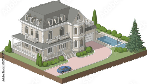 Isometric elegant house illustration with steep roof, dormer windows, wraparound porch, garage driveway, blue car, swimming pool, and landscaped yard for architectural visualization