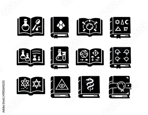 Alchemy Book Icons. Alchemy books. Solid icon set of alchemy boo