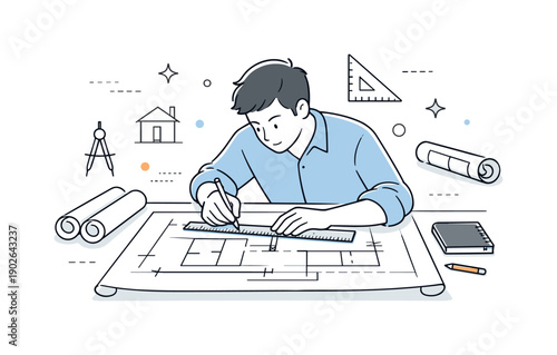 Architectural blueprints drafting. A focused designer drawing lines on a large blueprint with a pencil and ruler, quiet concentration.