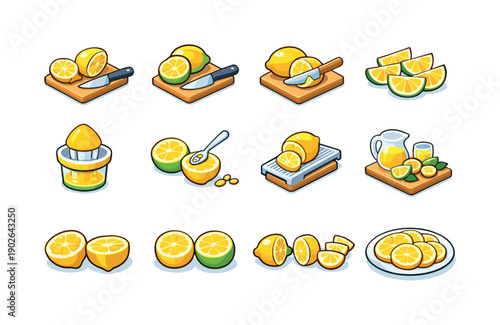 Lemon preparation. Colorful isometric vector icons set of lemon preparation: slicing lemon, lemon on cutting board, knife cutting citrus,