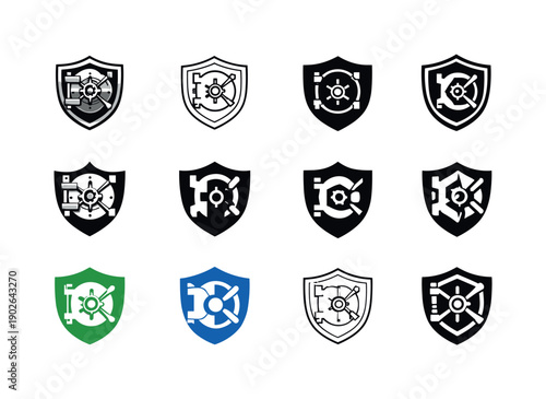 Money vault. Icon set. Set Logo of money vault: shield with vault symbol in center. harmonious logo variations of the same emblematic