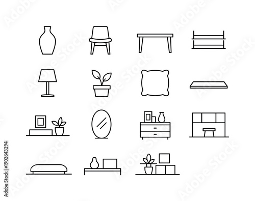 Minimal Home Decor. Line icon set of Minimal Home Decor: simple vase, single chair, clean table, empty shelf, subtle lamp, minimal plant,
