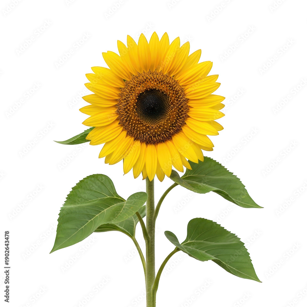 Obraz premium Vibrant sunflower with green leaves isolated on transparent background