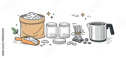 Candle Craft Supplies. Candle making supplies. Wax flakes, glass jars, wicks, and a small pouring pot arranged neatly, showing calm handmade craft and cozy