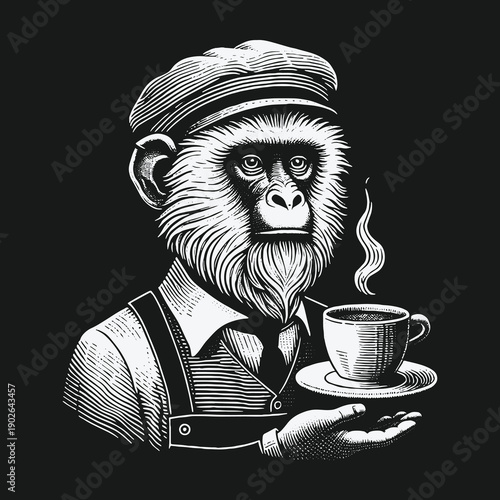 Monkey Bartender Serving Coffee: A Vintage Engraving Illustration.