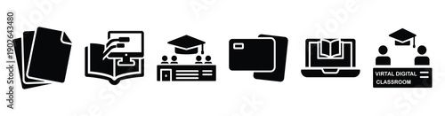 set of minimalist cloud learning icons. E-learning silhouette vector icon set in black color and white background