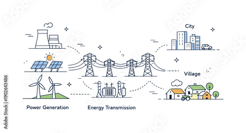 Energy transmission system. High-voltage lines connecting generation sources to urban and rural areas in a clean schematic view. Quiet scale