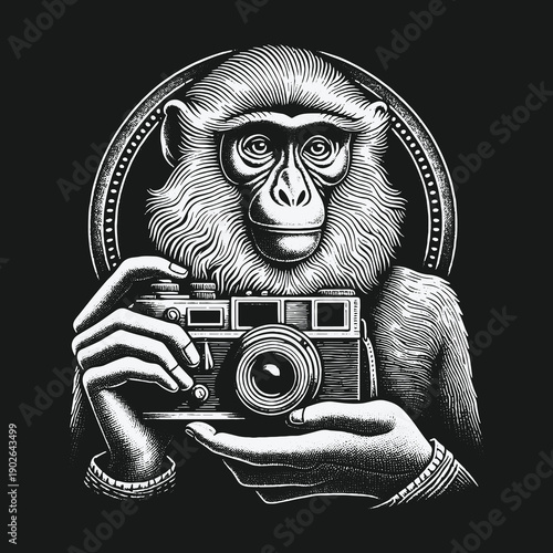 Monkey Photographer: A Detailed Black and White Illustration of a Primate with a Camera.
