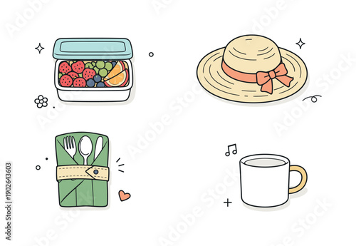 Picnic Essentials Flat Lay. Picnic accessories flat lay. Top view of items like a fruit box, cutlery wrap, cup, and sun hat arranged with space around each