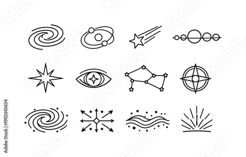 Cosmic Universal. Line icon set of Cosmic Universal: galaxy spiral, orbit path, shooting star, planet alignment, starburst, cosmic eye,