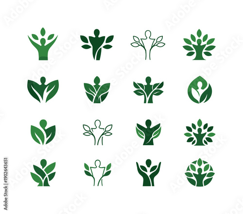 Biophilic Icon Set. Biophilic design. Icon set. Set Logo of biophilic design: human figure merged with plant. harmonious logo variations of the same emblematic