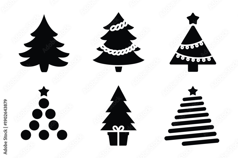 Obraz premium Set of Six Black Silhouette Christmas Trees