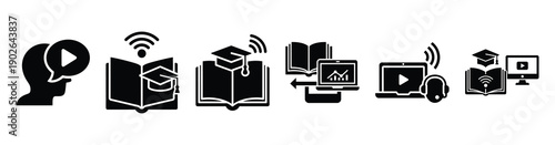 set of minimalist digital course content icons. E-learning silhouette vector icon set in black color and white background