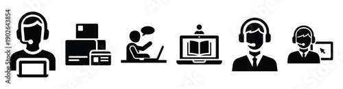 set of minimalist digital course tracking icons. E-learning silhouette vector icon set in black color and white background