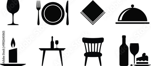 Eight elegant black silhouette icons representing various dining and restaurant elements on a white surface