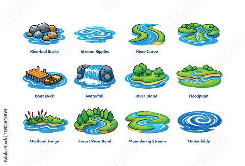 Colorful River Icons. River Features. Colorful isometric vector icons set of River Features: riverbed rocks, stream ripples, river curve, delta with channels,