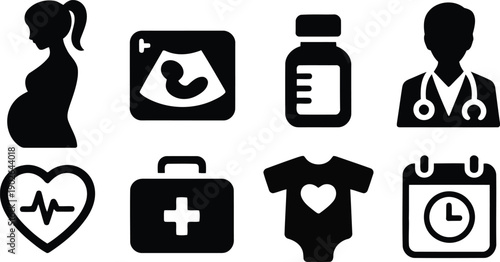Eight essential health and medical icons including pregnancy, ultrasound, medicine bottle, and doctor symbols