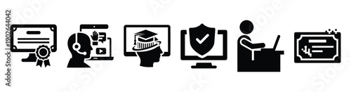 set of minimalist digital education icons. E-learning silhouette vector icon set in black color and white background
