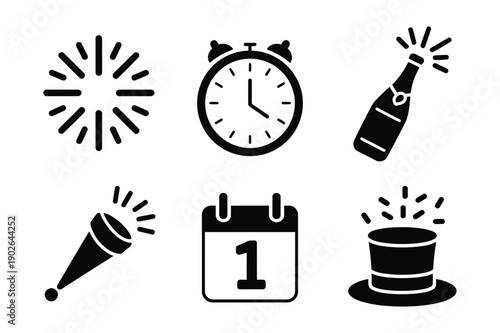 New Year's Eve Black Silhouette Icons: Clock, Champagne, Hat