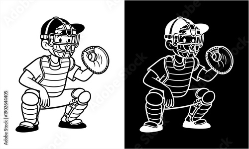 Baseball Catcher Ready for Action in Black and White Illustration.