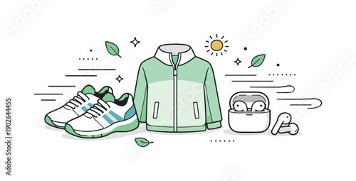 Spring wellness props. Comfortable sneakers, light jacket, and earbuds placed neatly, suggesting an outdoor walk and active balance. Abstract