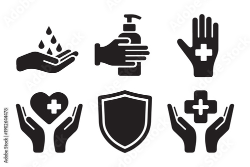 Hygiene and protection icons: Hand washing, Sanitizer, Mask