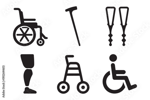 Rehabilitation and mobility icons: Wheelchair, Crutches, Prosthetic