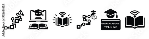 set of minimalist digital learning tools icons. E-learning silhouette vector icon set in black color and white background
