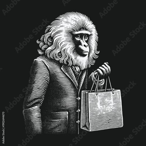 Sophisticated Mandrill Shopper: A Detailed Engraving of a Dressed Ape.