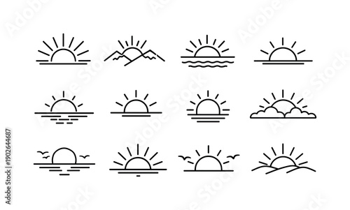 Morning sunrise. Line icon set of morning sunrise: rising sun rays, sun over mountains, sun over sea, early light horizon, morning calm