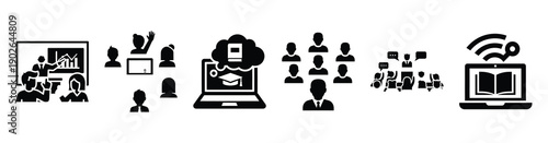 set of minimalist digital lesson plan icons. E-learning silhouette vector icon set in black color and white background