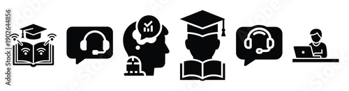 set of minimalist digital lesson management icons. E-learning silhouette vector icon set in black color and white background
