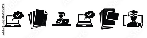 set of minimalist digital notebook icons. E-learning silhouette vector icon set in black color and white background